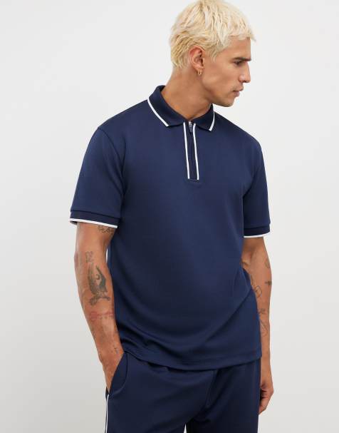 River Island Slim fit textured zip tipped polo shirt in navy - view 1