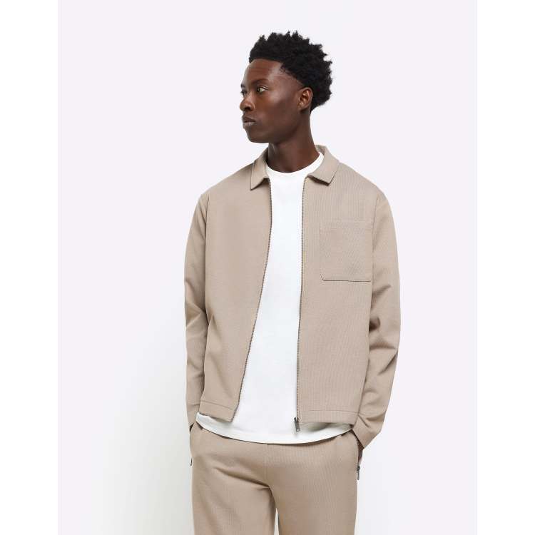 Studded Suede Harrington Jacket medium River Island Slim fit textured zip up sweatshirt in stone ClassicfuncenterShops