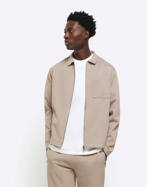  River Island Slim fit textured zip up sweatshirt in stone - medium