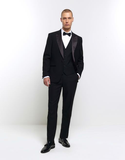 River Island slim fit tuxedo pants in black