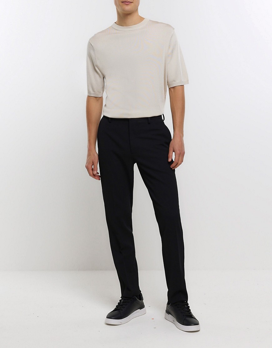River Island Slim fit waffle textured trousers in black
