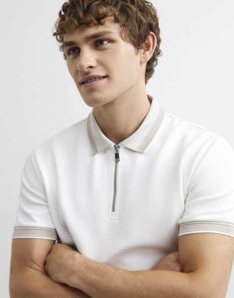 River Island Slim fit zip textured tipped polo shirt in white - view 1