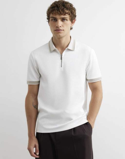 River Island Slim fit zip textured tipped polo shirt in white, 2 of 4