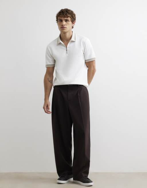 River Island Slim fit zip textured tipped polo shirt in white, 3 of 4