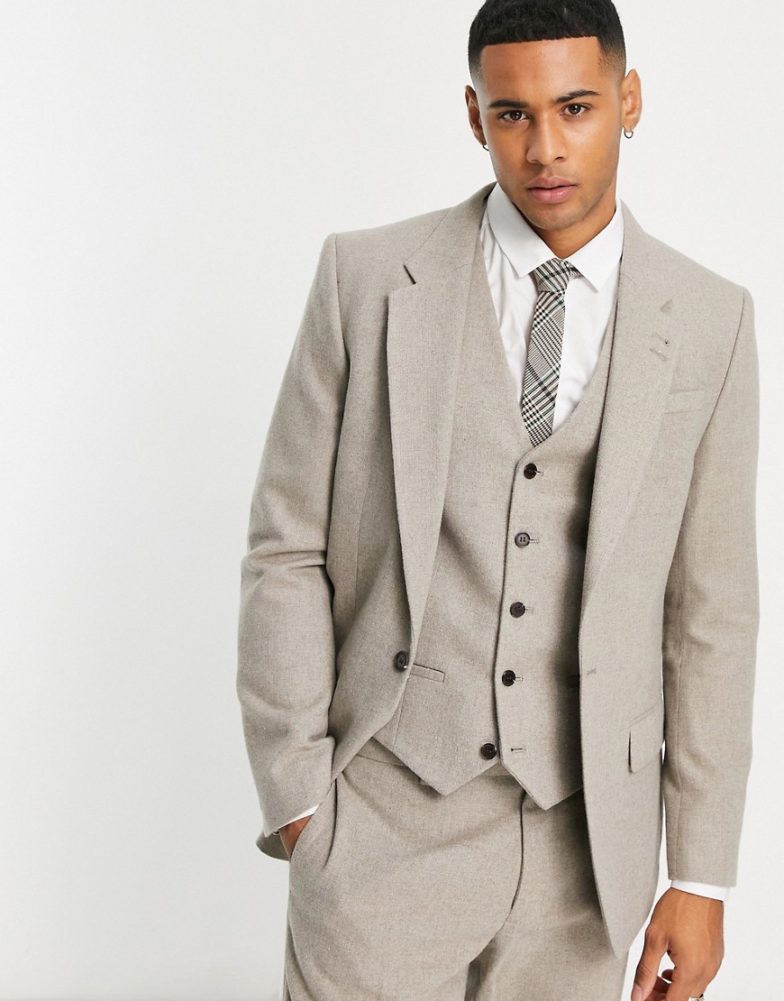 River Island Slim Flannel Suit Jacket In Ecru-neutral