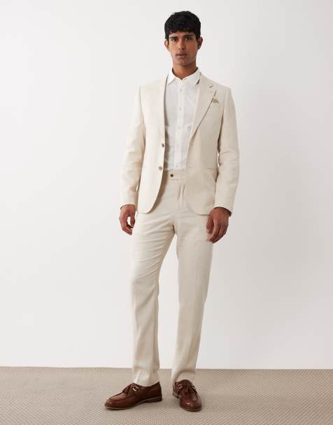 River Island slim linen blend suit trousers in light stone