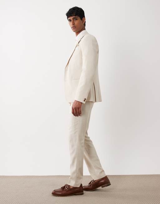 River Island slim linen blend suit trousers in light stone, 3 of 5