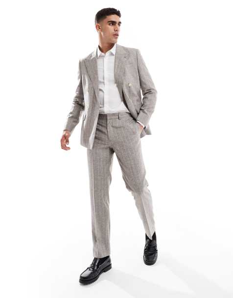 River Island slim linen-look suit pants in grey pinstripe - view 1