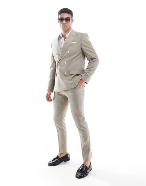 River Island slim linen mix suit pants in ecru - view 1
