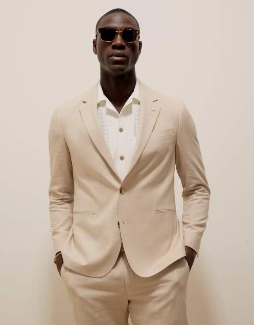 River Island slim linen suit jacket in cream ASOS
