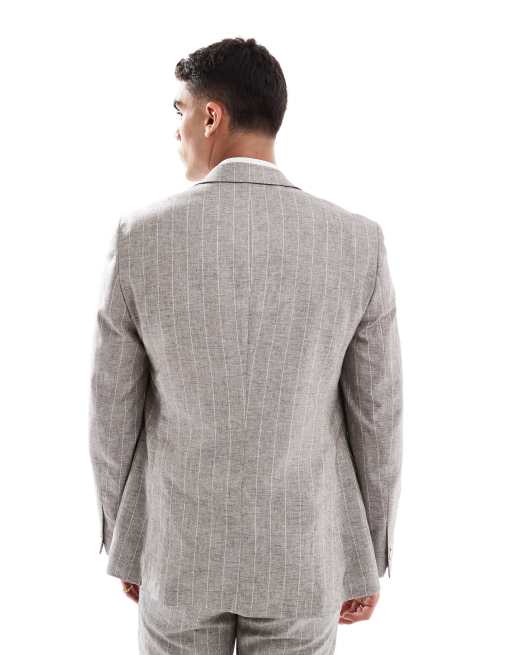River Island slim linen suit jacket in grey pinstripe