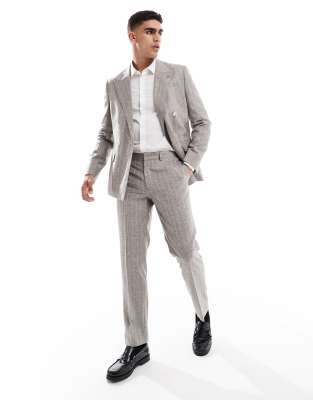 River Island slim linen suit trousers in grey pinstripe