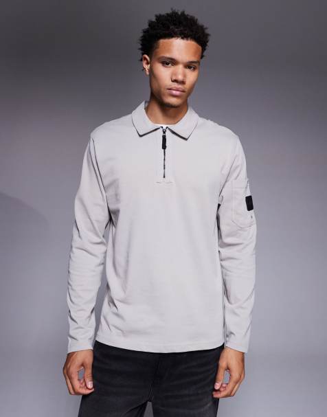 River Island slim pocket zip polo shirt in light gray - view 1