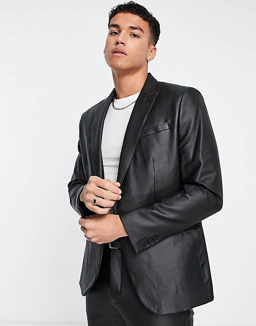 River Island slim PU suit jacket in black