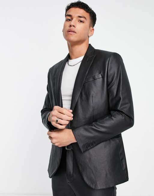 River Island slim PU suit jacket in black | ASOS