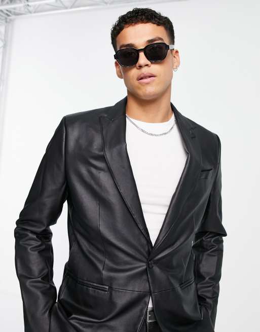 River Island slim PU suit jacket in black, 3 of 4