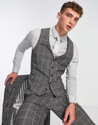 River Island slim rafa check suit waistcoat in grey