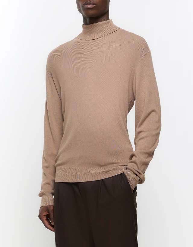 River Island - slim roll neck jumper in stone