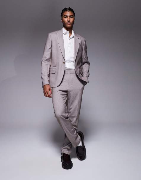 River Island slim satin textured suit in medium stone - BEIGE - view 1