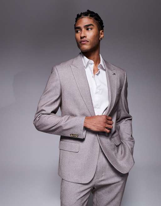 River Island slim satin textured suit jacket in medium stone