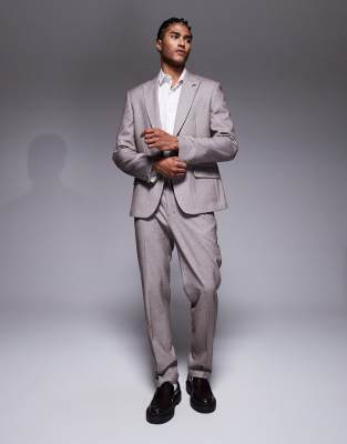 River Island Slim Satin Textured Suit Pants In Neutral