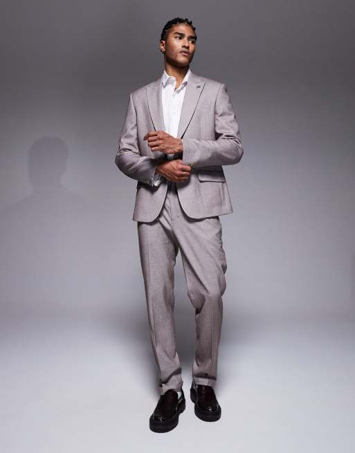 River Island slim satin textured suit pants in medium stone