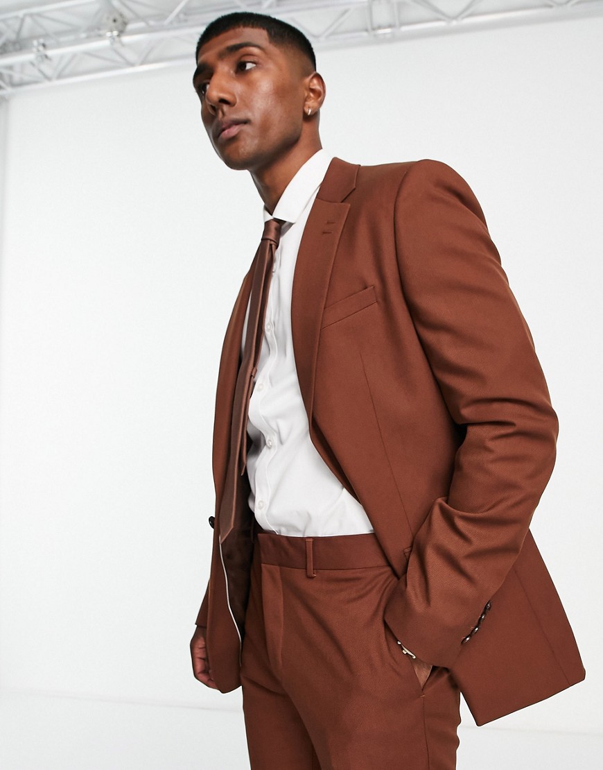 River Island slim single breasted suit jacket in rust-Red