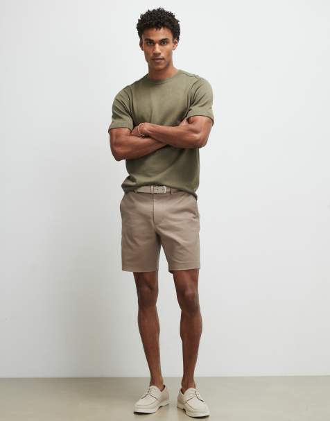 River Island Slim stretch chino short with belt in beige - view 1