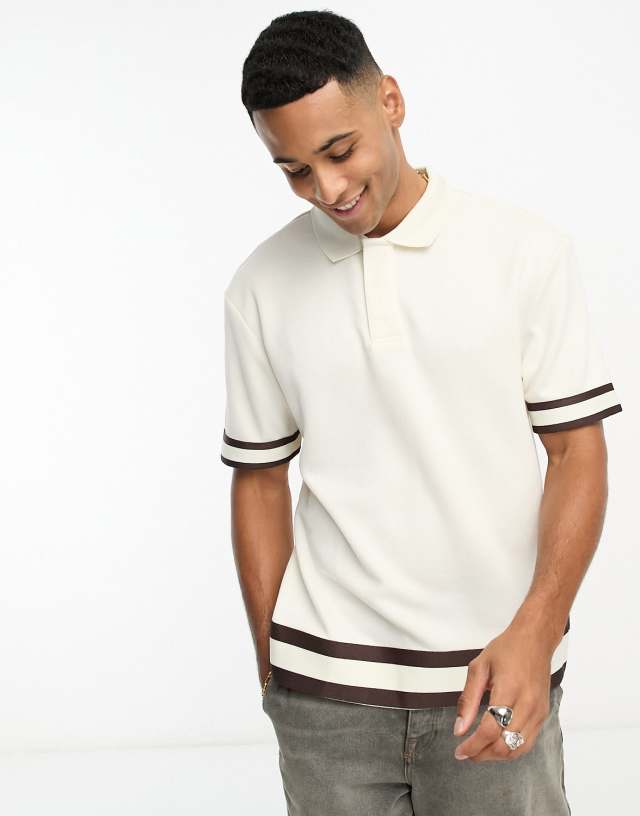 River Island slim taped polo in ecru