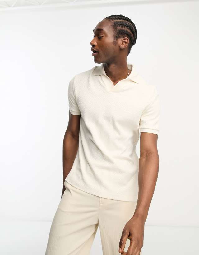 River Island slim textured open neck polo in ecru