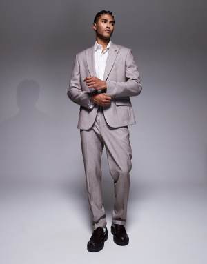 River Island slim textured suit trousers in medium stone