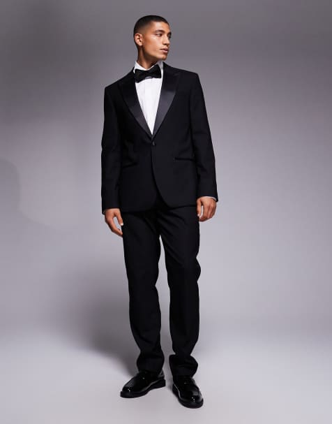 River Island slim tuxedo suit jacket and trousers in black - view 1