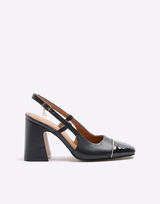 River Island Sling back block heel court shoes in black | ASOS