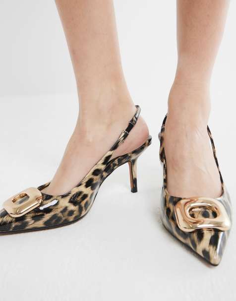 River Island sling back heeled court shoes in leopard print - BROWN - view 1