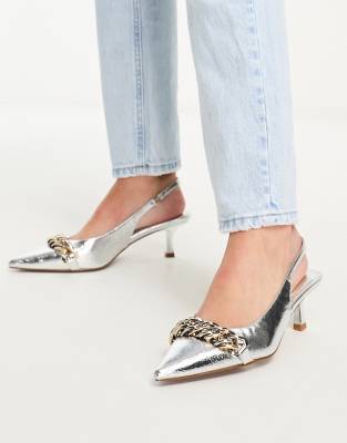 River Island Sling Back Pumps With Chain Detail In Silver