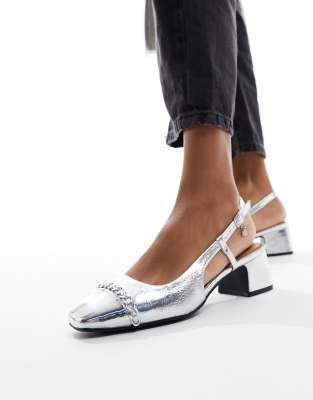 slingback block heel in silver