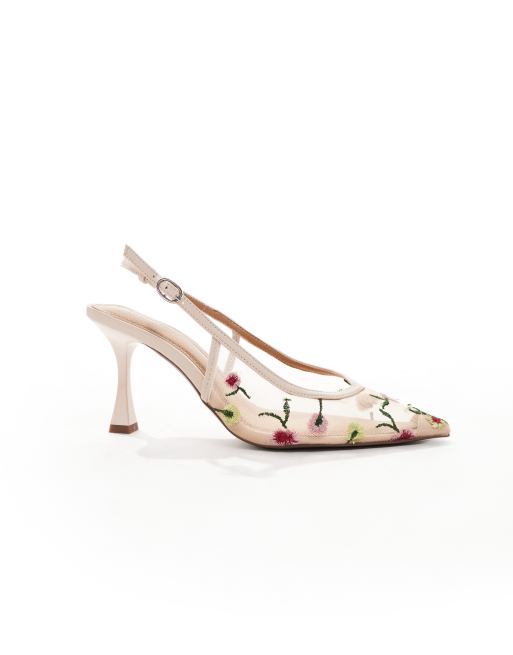 River Island - Slingback hakken van gebloemd mesh in lichtroze, 2 van 4