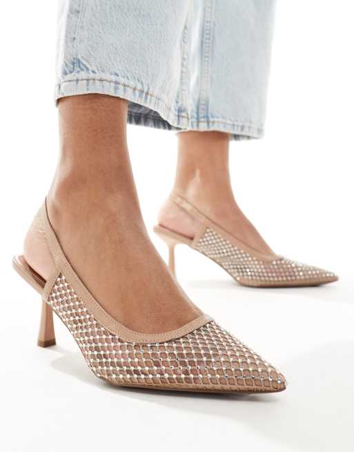 River Island - Slingback schoenen met hak van mesh met siersteentjes in beige