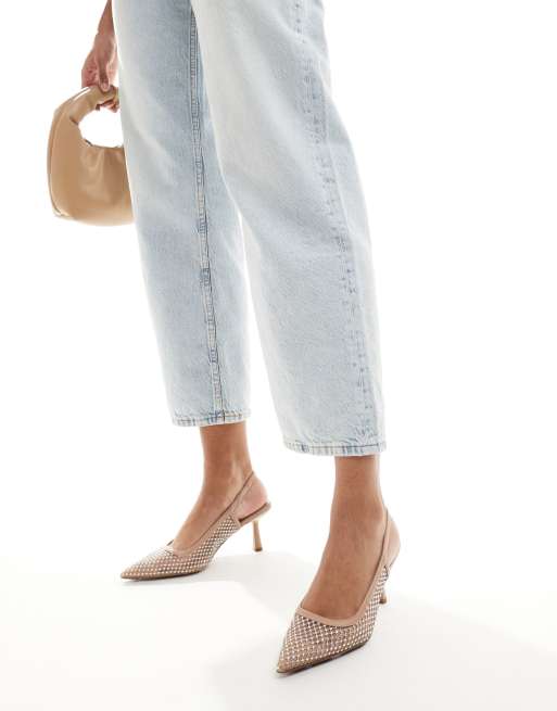 River Island - Slingback schoenen met hak van mesh met siersteentjes in beige, 2 van 4