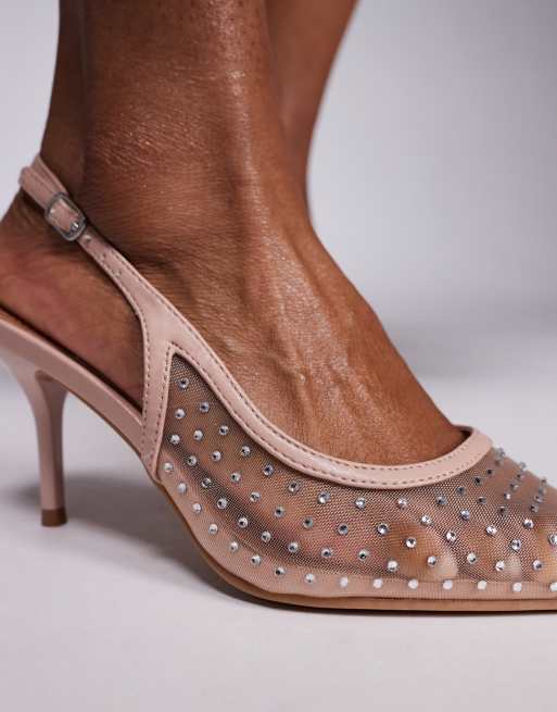 River Island - Slingback schoenen met hak van mesh met siersteentjes in lichtbeige, 4 van 4