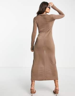 River Island slinky shirt maxi dress in brown | ASOS