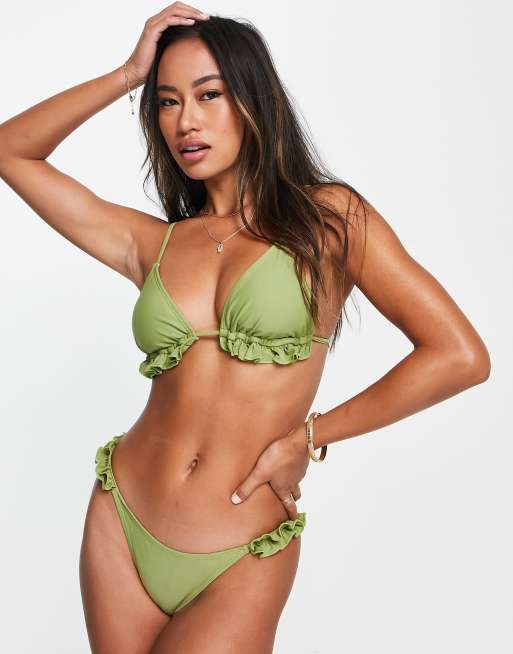 River Island - Slip bikini kaki con volant laterali, 3 di 4