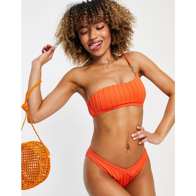 River Island - Slip bikini sgambati arancioni con anello