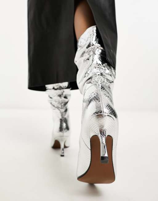 River Island slouch high leg boots in silver metallic, 4 of 4