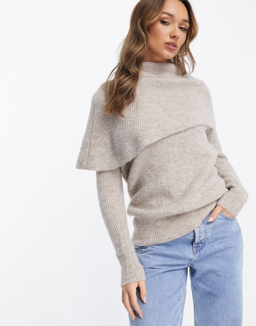 River Island slouch neck sweater in beige-Neutral