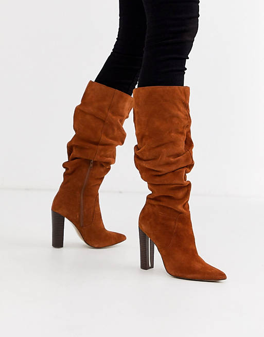 River Island slouchy knee high boots in tan suede | ASOS