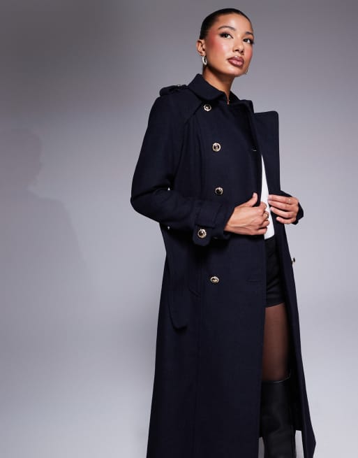 River Island smart wool look trench coat in navy ASOS