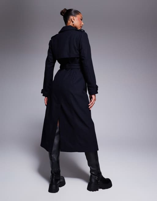 River Island smart wool look trench coat in navy ASOS