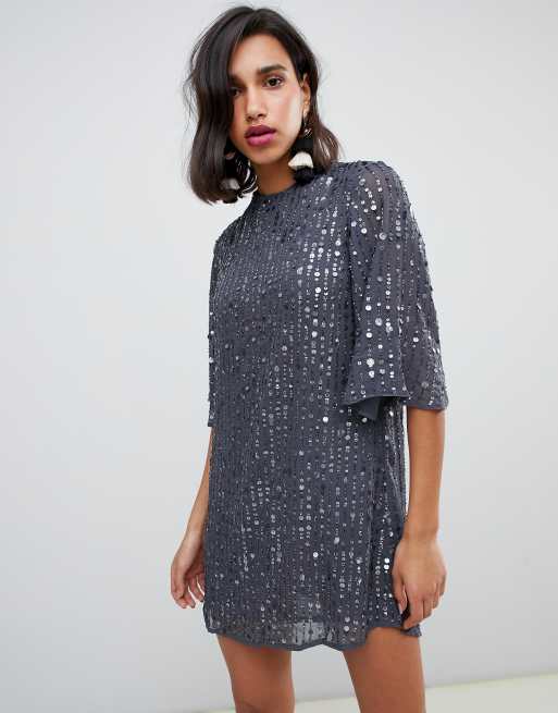 River Island smock dress with flute sleeves in grey sequin | ASOS