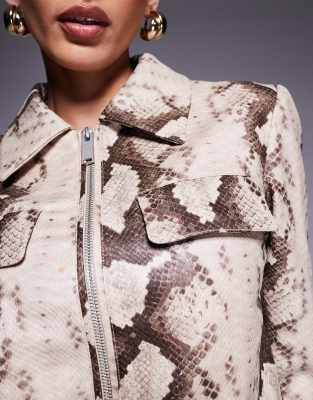 River Island Snake Faux Leather Harrington Jacket In Neutral